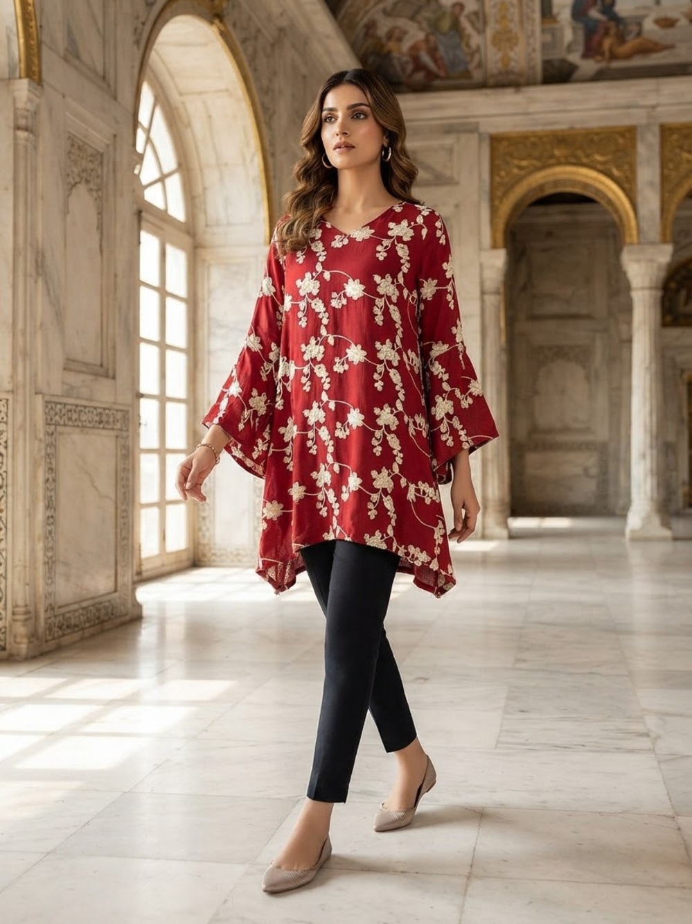 Altar'd State Red Floral V-Neck Tunic with Cream Blossoms